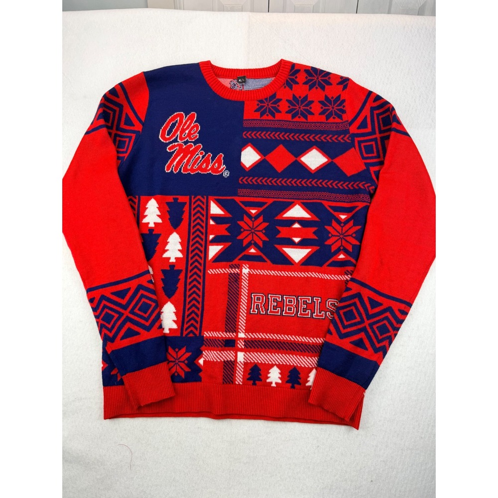 Ole Miss Rebels Ugly Christmas Sweater XL Red Navy Holiday NCAA Pullover READ